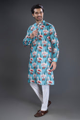 Blue Silk Elephant Motif Print Kurta Pajama